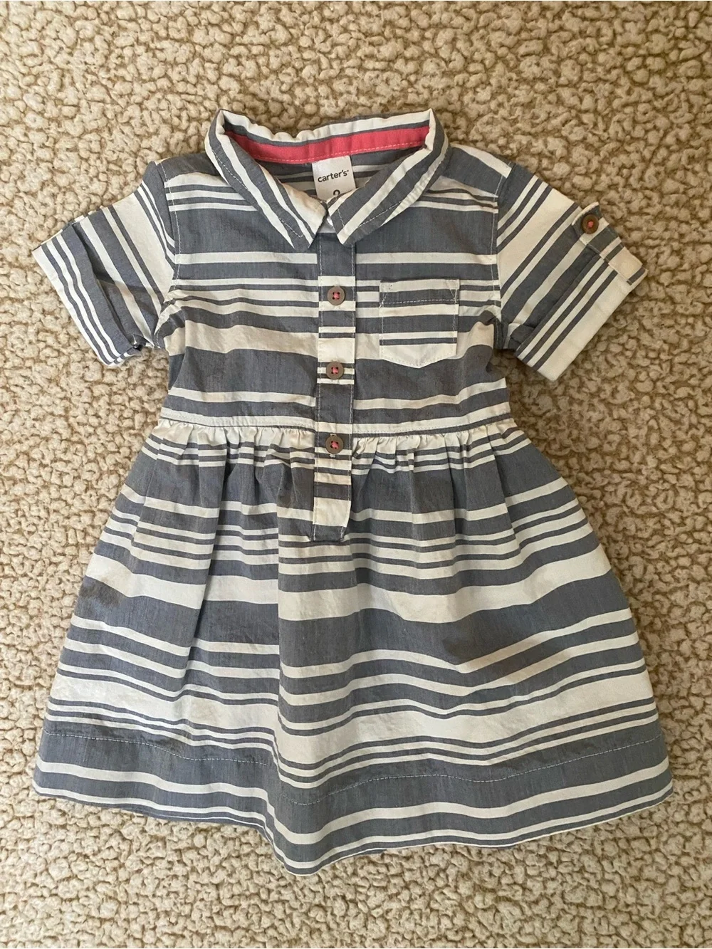 Carters Baby Girl Blue And White Striped Dress Button Up Short Sleeve 9 Mo